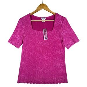 NWT Lace Floral Textured Square Neck Top Hot Pink S Short Sleeve Cottage
